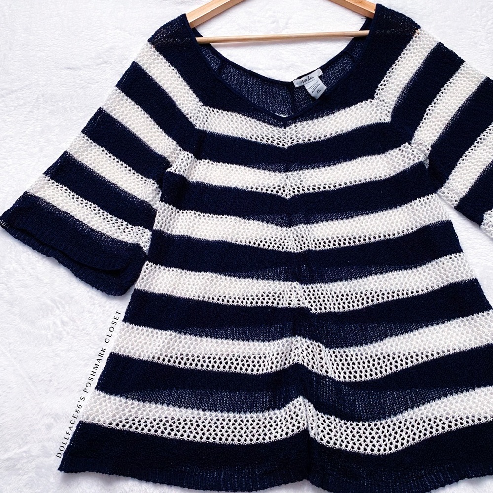Semi Sheer Chunky Blue & White Stripe Crochet Wide Sleeve Top